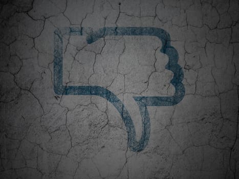 Social network concept: Blue Thumb Down on grunge textured concrete wall background, 3d render