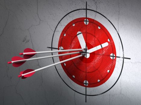 Success timeline concept: arrows hitting the center of Red Clock target on wall background, 3d render