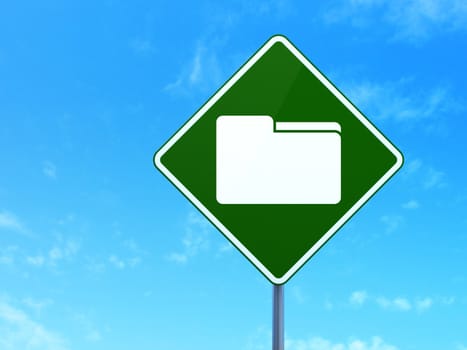 Business concept: Folder on green road (highway) sign, clear blue sky background, 3d render