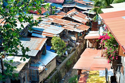 Aerial view on slums at night in Cebu city, Philippines