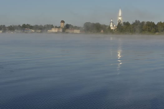 Early foggy morning to Volkhov river. New Ladoga. Russia