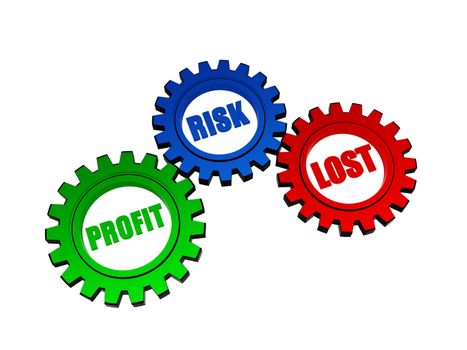 profit, risk, lost - text in 3d color gear wheels, business concept words
