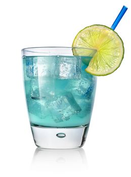 Blue cocktail with lime isolated on white
