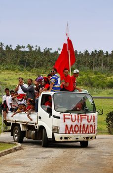 People celebrate arriving Fuifui Moimoi on Vavau island, Tonga