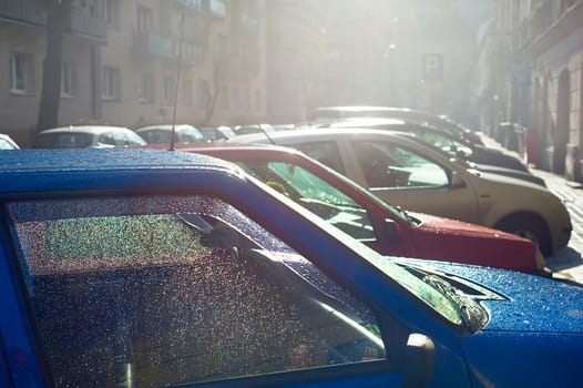 Car parking on the Krakow street in the rain. Poland