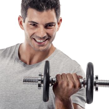 Portrait of a muscular man lifting weights, isolated over a white background