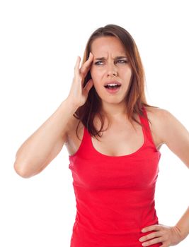 Portrait of a young woman having a headache, isolated on white