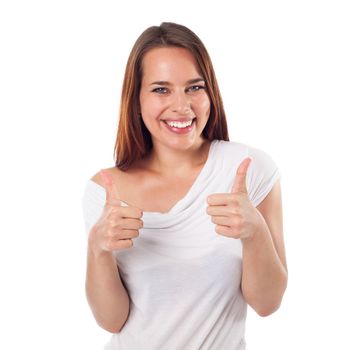 Smiling young woman with a positive gesture, isolated on white