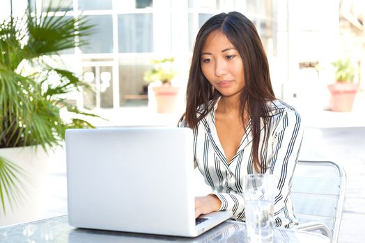 Pretty asian girl working on her laptop, businesswoman or student