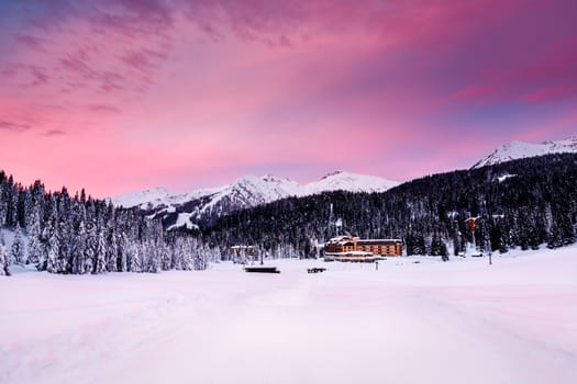 Beautiful Sunrise at Ski Resort of Madonna di Campiglio, Italian Alps, Italy