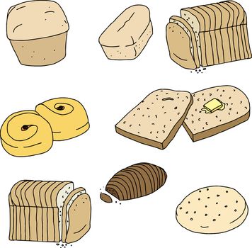 Set of loaves and slices of bread and rolls