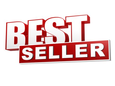 text best seller - 3d red white banner, letters and block, business shopping concept