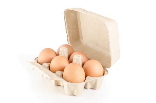 eggs in cardboard tray on white background with clipping path