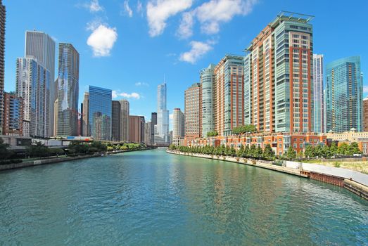 The city skyline along the Chicago River in Chicago, Illinois against a bright blue sky with white clouds