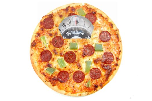 Pizza with bathroom scales over a white background