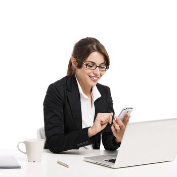 Beautiful and happy hispanic business woman in the office, isolated over a white background