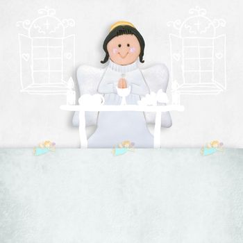 first communion reminder angel in the church with empty space to fill with name and place
