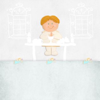 first communion invitation blond boy on the altar and space for name and place