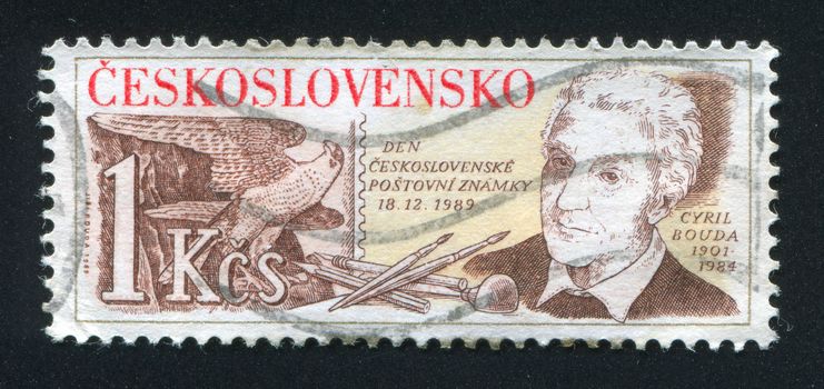 CZECHOSLOVAKIA - CIRCA 1989: stamp printed by Czechoslovakia, shows Portrait of Cyril Bouda, stamp designer, art tools and falcon, circa 1989