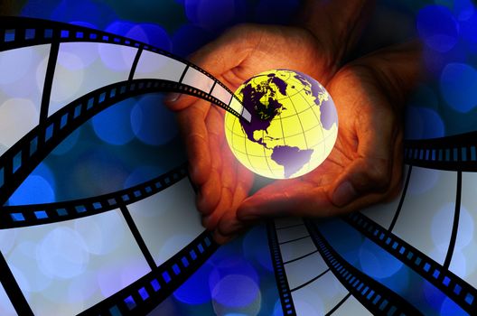 World movie concept, Hand hold the earth with movie film background