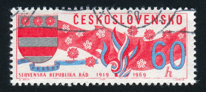 CZECHOSLOVAKIA - CIRCA 1969: stamp printed by Czechoslovakia, shows Arms of Slovakia, banner and blossoms, circa 1969