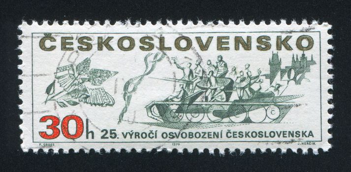 CZECHOSLOVAKIA - CIRCA 1970: stamp printed by Czechoslovakia, shows Lilac, tank and castle, circa 1970