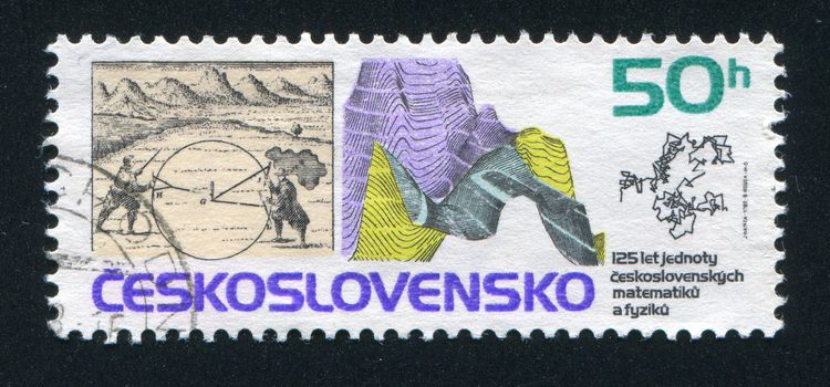 CZECHOSLOVAKIA - CIRCA 1987: stamp printed by Czechoslovakia, shows Geographical measurement from A.M. Malletta���s book, 1672, earth fold and Brownian motion diagrams, circa 1987