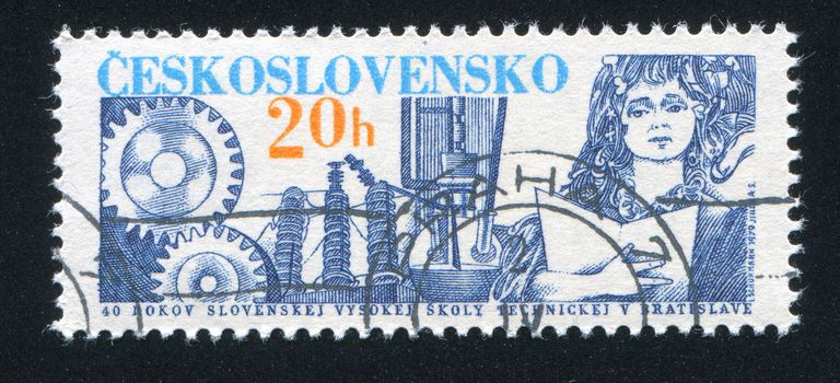 CZECHOSLOVAKIA - CIRCA 1979: stamp printed by Czechoslovakia, shows Cogwheels, transformer and student, circa 1979