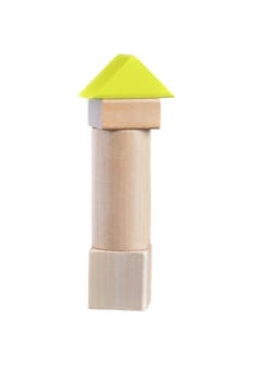Small tower built from wooden blocks toy. Isolated with path on white background