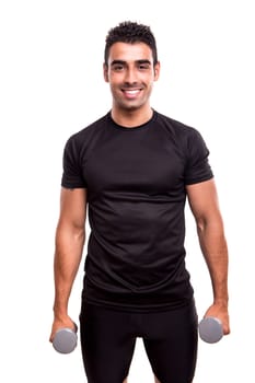 Smiling man lifting weights over white background