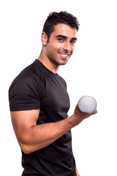 Smiling man lifting weights over white background