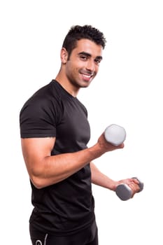 Smiling man lifting weights over white background