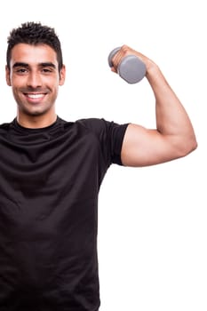 Smiling man lifting weights over white background