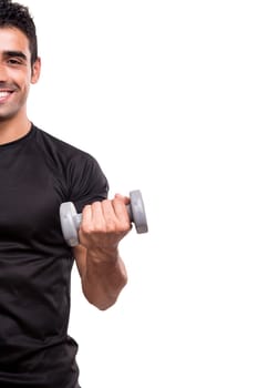 Smiling man lifting weights over white background