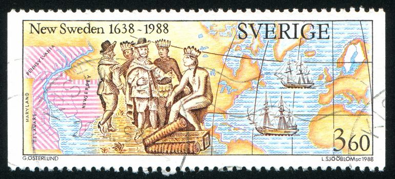 SWEDEN - CIRCA 1988: stamp printed by Sweden, shows European settlers negotiating with American Indians, map of New Sweden, the Swedish ships Kalmar Nyckel and Fogel Grip, circa 1988