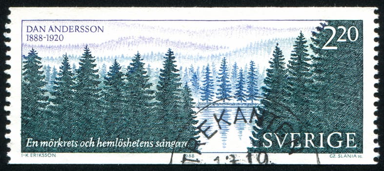 SWEDEN - CIRCA 1988: stamp printed by Sweden, shows Forest and Pond, Finnmarken, circa 1988