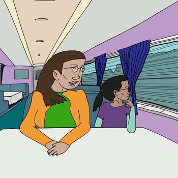 Mother and daughter sitting in dinner car on train