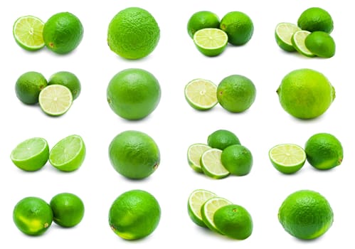 Collection of fresh green limes isolated on white background