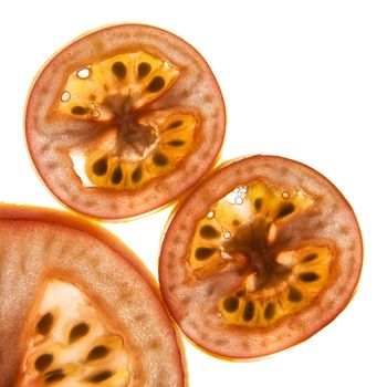 Closeup of sliced tomatoes on illuminated white background