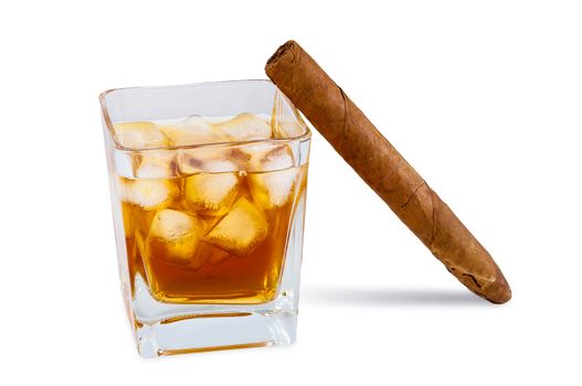 Glass of whiskey with ice and cigar isolated on white background with clipping path