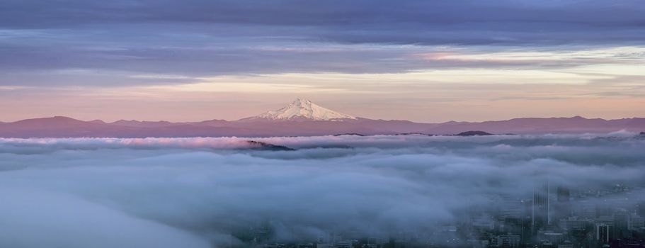 Portland Oregon Downtown Covered in Fog at Sunset with Mount Hood Panorama