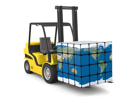 Concept of global transportation, modern yellow forklift carrying planet Earth in form of cube, isolated on white background. Elements of this image furnished by NASA.