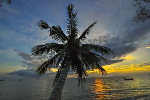 Sunset on tropical beach. Siam bay. Province Trat. Koh Chang island. Thailand Asia