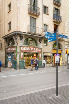 BARCELONA, SPAIN - MAY 31 Modernist facade of traditional pharmacy in a corner of famous La Rambla street, in Barcelona, Spain, on May 31, 2013