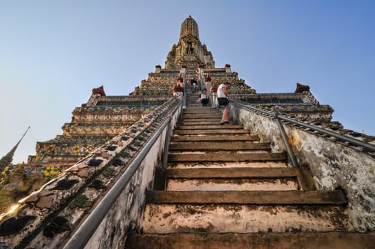 The Temple of Dawn Wat Arun and a beautiful blue sky in Bangkok, Thailand Asia