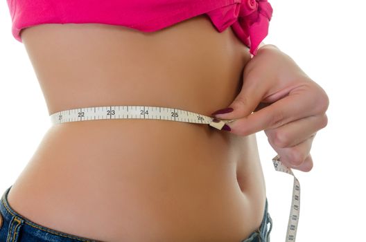 Close-up of Girl Measure the Waist, Centimeters Tape, Horizontal shot over White Background 