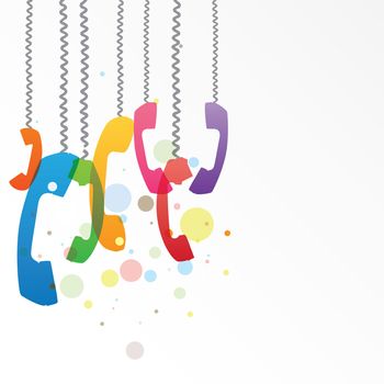 Illustration with hanging colorful phone receivers, communication concept
