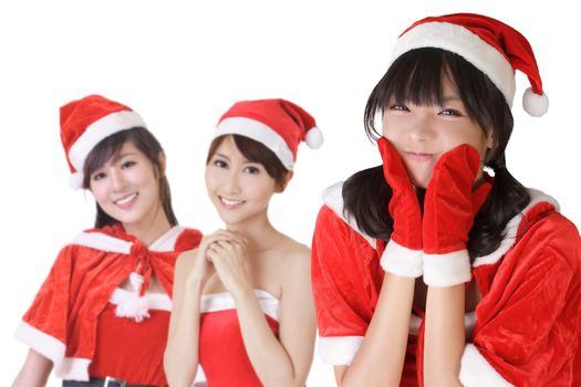 Happy smiling Asian Christmas girls, closeup portrait of three young women.