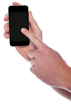 Cropped image of a guy holding mobile and pointing something