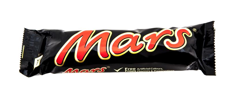 SWINDON, UK - JANUARY 11, 2014: Mars Bar on White Background, Mars (also Mars bar) is a chocolate bar manufactured by Mars, Incorporated. It was first manufactured in Slough, Berkshire in the United Kingdom in 1932